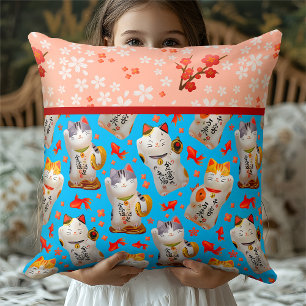 Kawaii Maneki Neko   Blue Kimono Style Floral Cushion