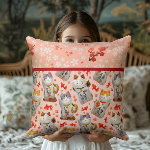Kawaii Maneki Neko Lucky Cat   Peach Sakura Cushion