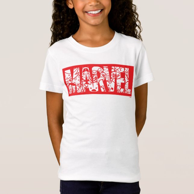 Kawaii Marvel Logo With Super Hero Pattern T-Shirt (Front)