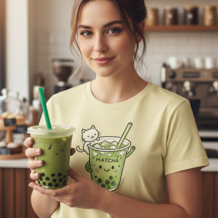 Kawaii Matcha Bubble Tea Cat Cute Iced Drink Graph T-Shirt