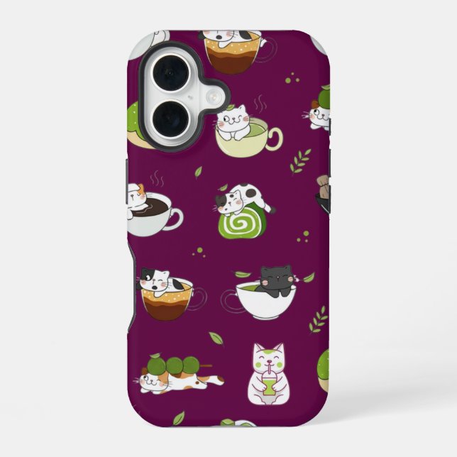 Kawaii Matcha Cat Seamless Pattern iPhone 16 Case (Back)