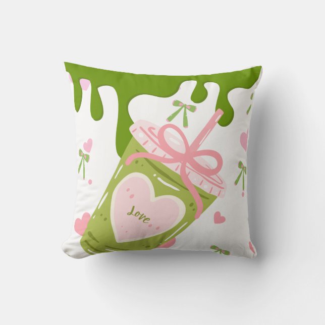 Kawaii Matcha Iced Coffee Aesthetic Throw Pillow (Front)