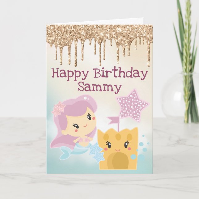 Kawaii Mermaid and Sandcastle Gradient Birthday Card (Front)