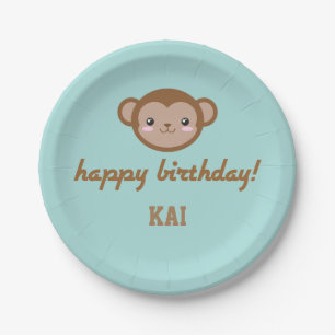 Kawaii Monkey Birthday Party Blue Green Paper Plate