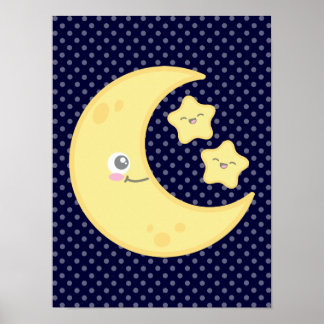 Kawaii Moon and Stars Poster Print