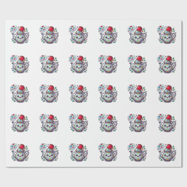Kawaii Moroccan Mint Tea Pot Sticker Wrapping Paper (Flat)