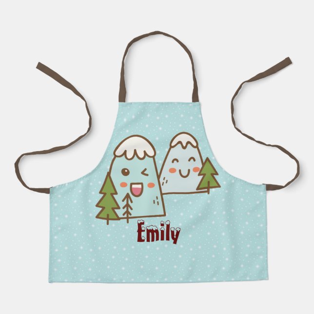 Kawaii Mountains in Snow Kids Christmas Apron (Front)