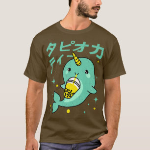 Kawaii Narwhal Drinking Boba Bubble Tea Kids Teen  T-Shirt