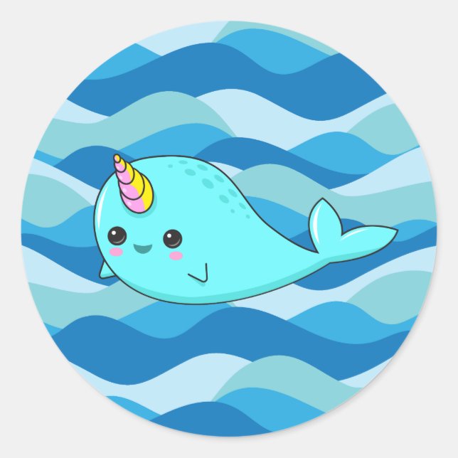 Kawaii Narwhal on Blue Waves Sticker (Front)