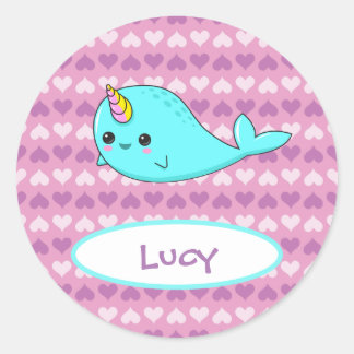Kawaii Narwhal Purple Heart Name Sticker