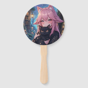 Kawaii Neko Girl & Black Cat Magical Party & Craft Hand Fan