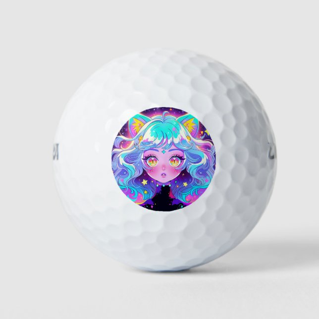 Kawaii Neon Cat Fursona Furry Anime Girl Golf Balls (Front)