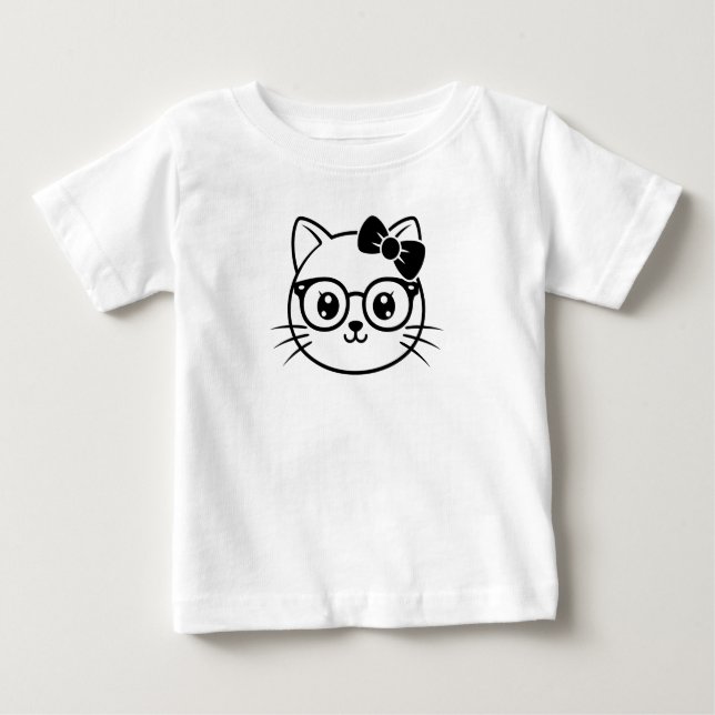 Kawaii Nerdy Cat Face with Glasses and Bow Line Ar Baby T-Shirt (Front)