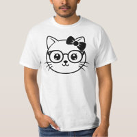 Kawaii Nerdy Cat Face with Glasses and Bow Line Ar