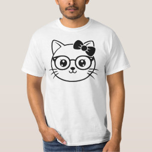 Kawaii Nerdy Cat Face with Glasses and Bow Line Ar T-Shirt