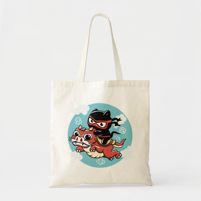 Kawaii Ninja Cat Riding a Red Dragon Button Tote Bag (Front)