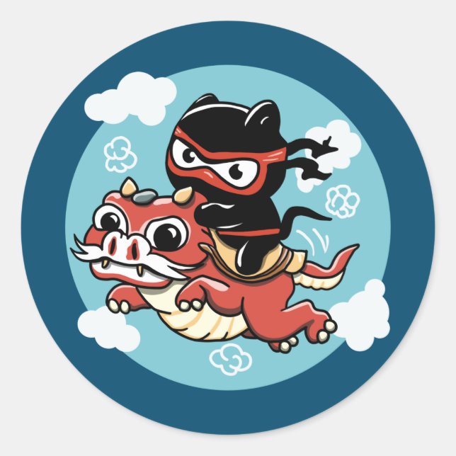 Kawaii Ninja Cat Riding a Red Dragon Classic Round Sticker (Front)