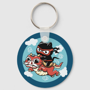 Kawaii Ninja Cat Riding a Red Dragon Key Ring