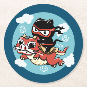Kawaii Ninja Cat Riding a Red Dragon Round Paper Coaster