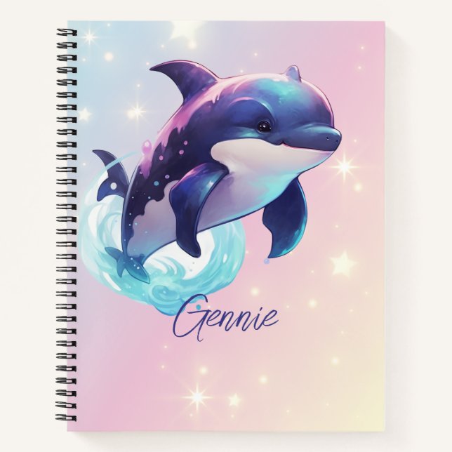 Kawaii Orca Killer Whale Personalised Blue & Pink Notebook (Front)