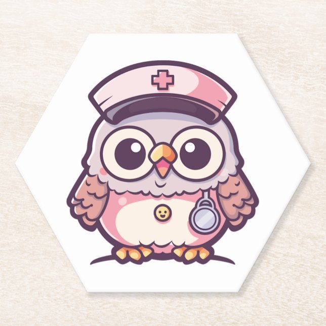 Kawaii Owl as a Nurse  Paper Coaster (Front)