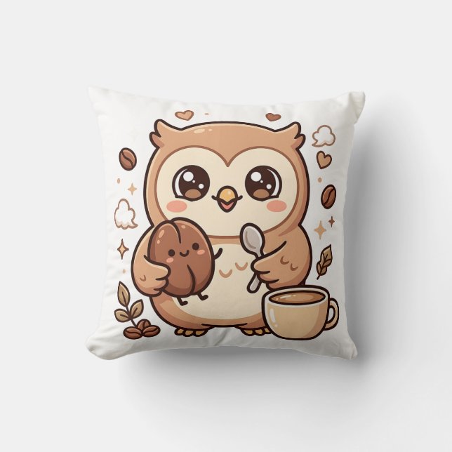 Kawaii Owl Coffee Pillow Throw (Front)
