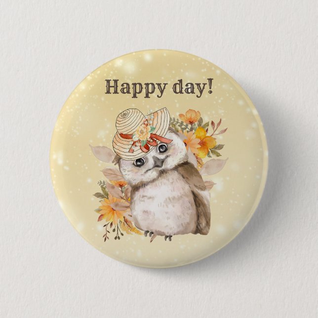 kawaii owl with warm leaves background 6 cm round badge (Front)