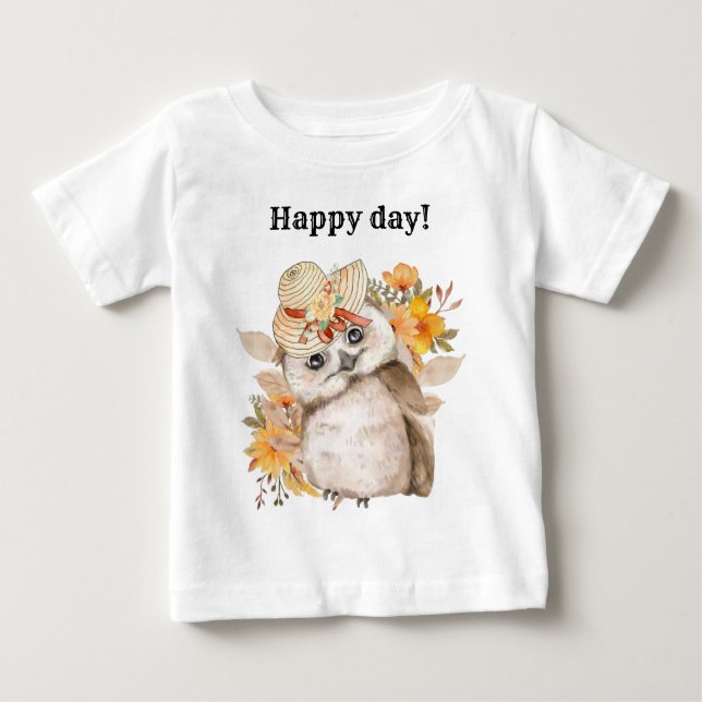 kawaii owl with warm leaves background baby T-Shirt (Front)