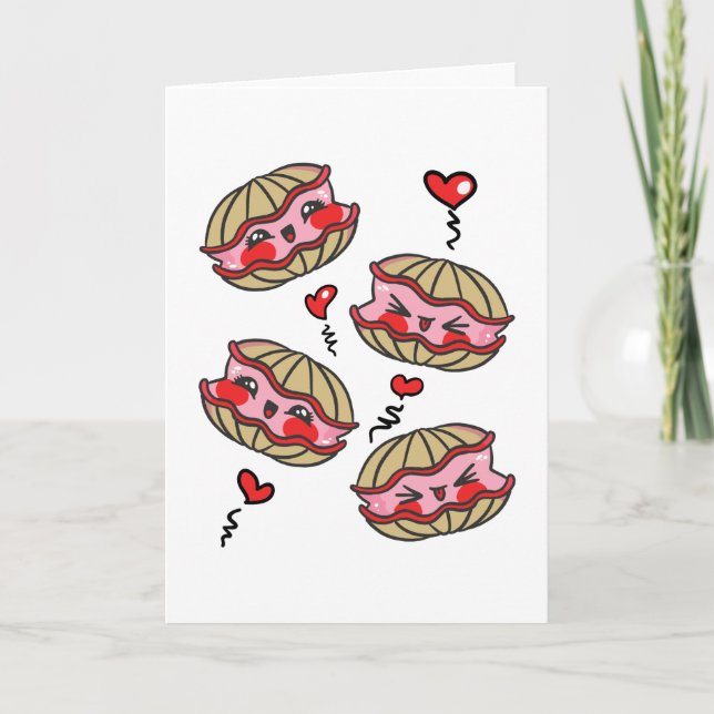 Kawaii Oysters in Love Valentines Card (Front)