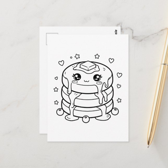 Kawaii pancake stack colouring postcard (Front/Back In Situ)