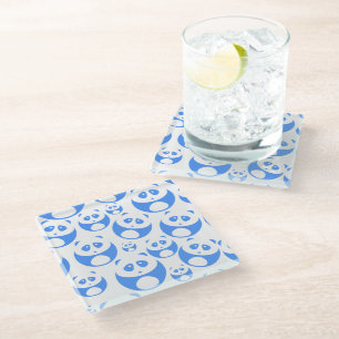 Kawaii Panda Baby Blue and WhitePattern Glass Coaster