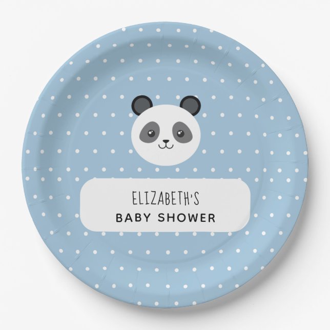 Kawaii Panda Blue Boy Polka Dots Baby Shower Paper Plate (Front)