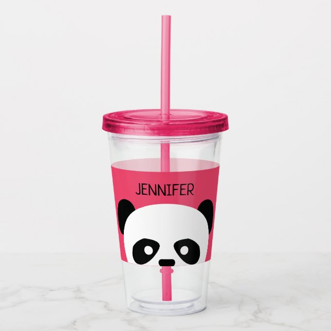 Kawaii Panda Cute Kids Pink Personalised Acrylic Tumbler (Front)