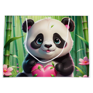 Kawaii Panda Holding Heart in a Bamboo Forest Large Gift Bag