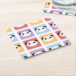 Kawaii Panda Multicolored Pop Squares Pattern Square Paper Coaster