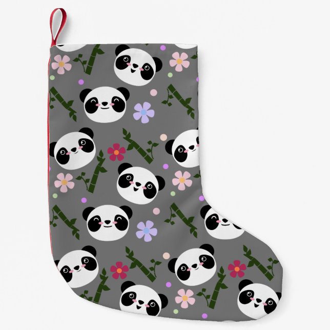 Kawaii Panda on Grey Small Christmas Stocking (Front)