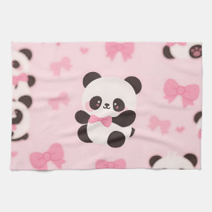 Kawaii Panda Pink Bow Pattern Tea Towel