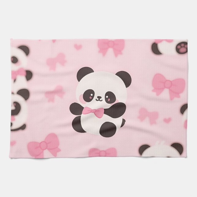 Kawaii Panda Pink Bow Pattern Tea Towel (Horizontal)