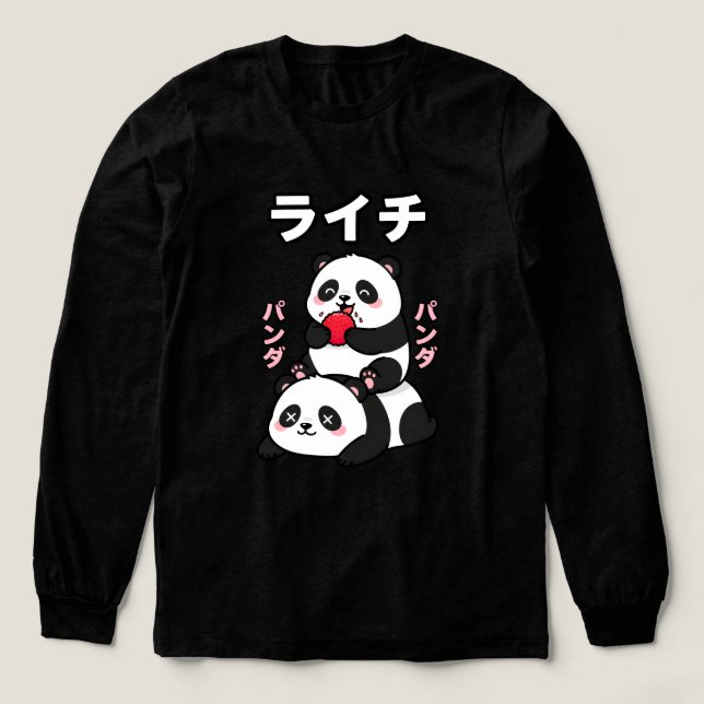 Kawaii Panda Stack Lychee Fruit Japanese Cartoon Tri-Blend Shirt (Design Front)