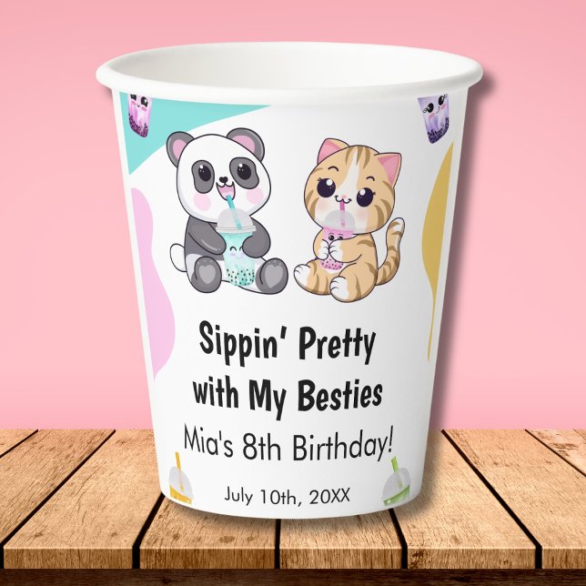 Kawaii Panda & Tiger Bubble Tea Kids Birthday  Paper Cups (Creator Uploaded)