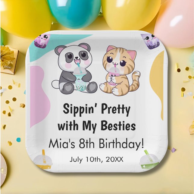 Kawaii Panda & Tiger Bubble Tea Kids Birthday  Paper Plate (Creator Uploaded)