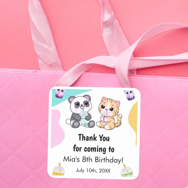 Kawaii Panda & Tiger Bubble Tea Kids Birthday  Square Sticker (Creator Uploaded)