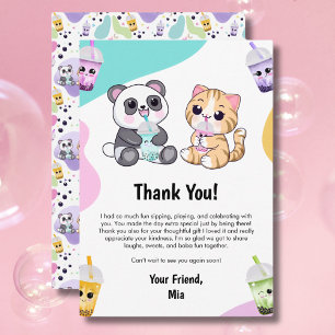 Kawaii Panda & Tiger Bubble Tea Kids Birthday  Thank You Card