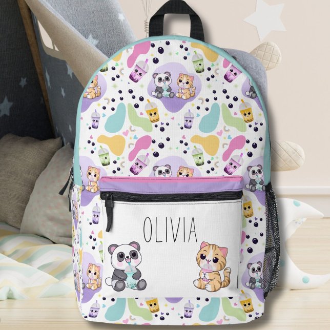 Kawaii Panda & Tiger Bubble Tea Kids Printed Backpack (Creator Uploaded)