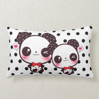 Kawaii pandas on black polka dots lumbar cushion