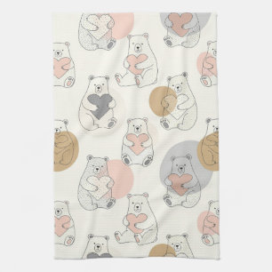Kawaii Pastel Bear Heart Pattern Tea Towel