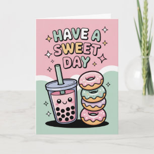 Kawaii Pastel Boba Tea and Doughnuts Sweet Birthda Card