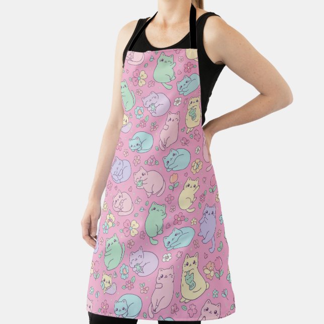 Kawaii Pastel Cats and Flowers Pattern  Apron (Insitu)