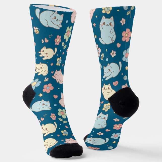 Kawaii Pastel Cats and Flowers Pattern Socks (Angled)