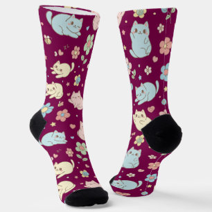 Kawaii Pastel Cats and Flowers Pattern Socks